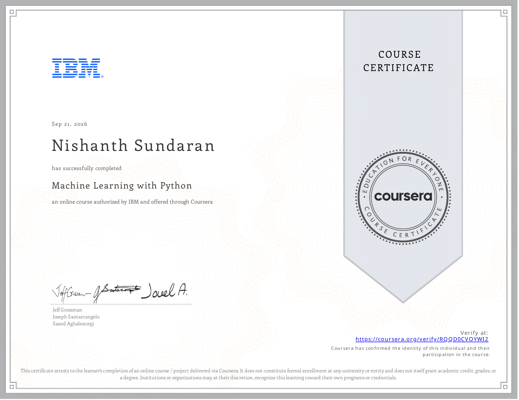IBM certificate for Machine Learning with Python, issued to Nishanth Sundaran, September 2026