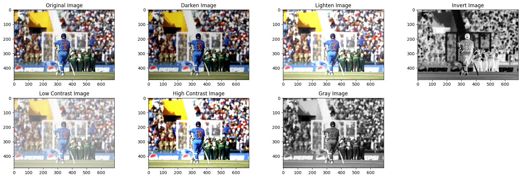 Seven-panel comparison of a sports photograph showing original, darken, lighten, invert, low-contrast, high-contrast, and grayscale variants